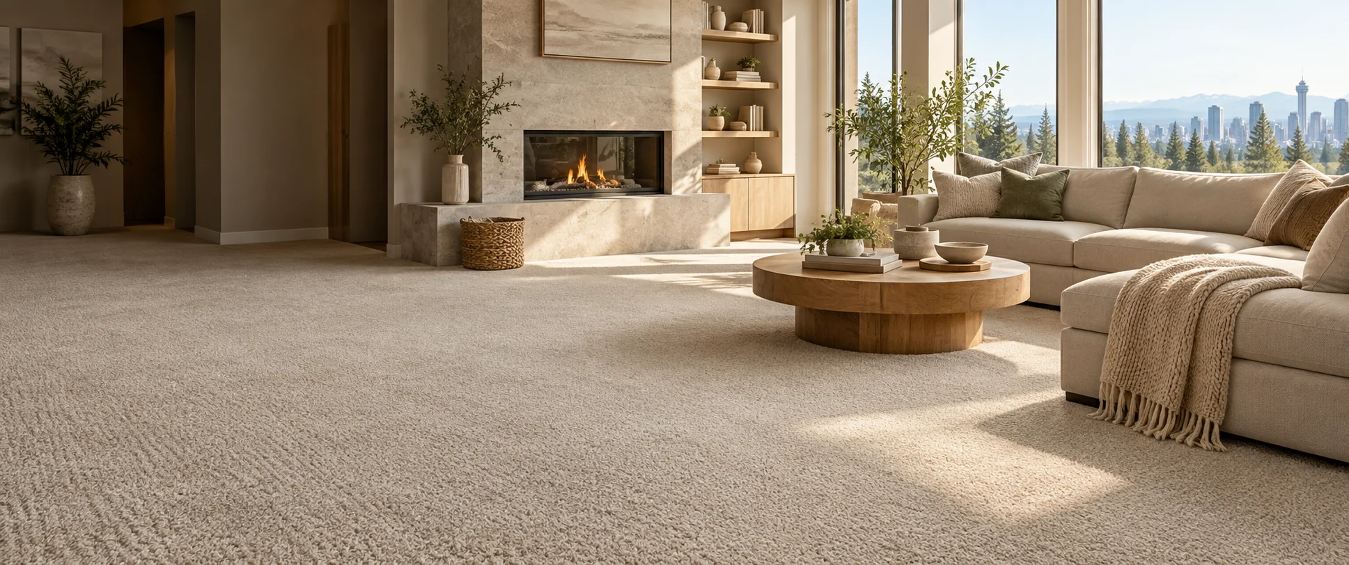 Illustrative comfortable living room with warm neutral carpet
