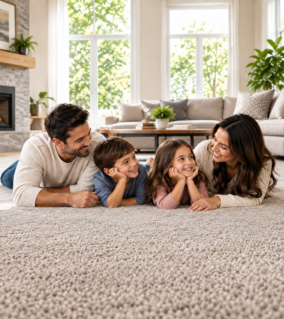 A family relaxing together on a soft living room carpet