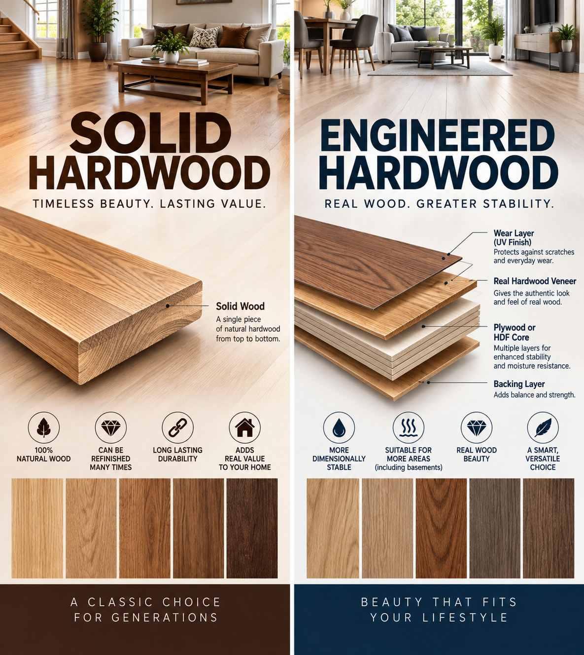 Solid and engineered hardwood flooring comparison graphic