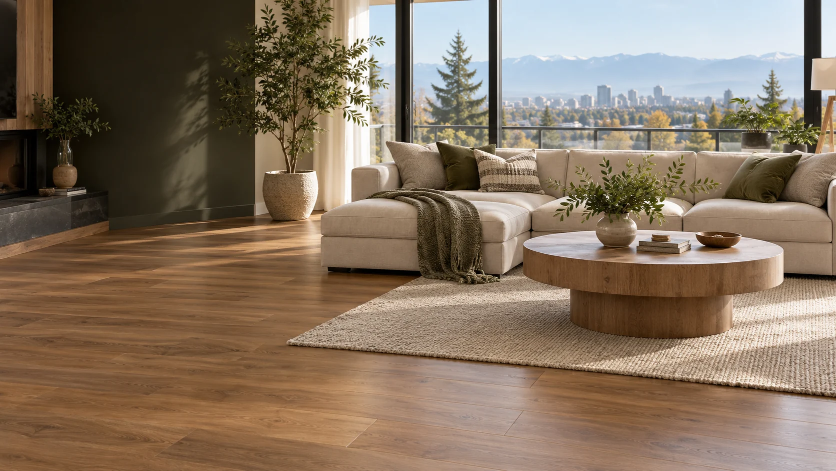 Illustrative living room with warm wood-look laminate flooring
