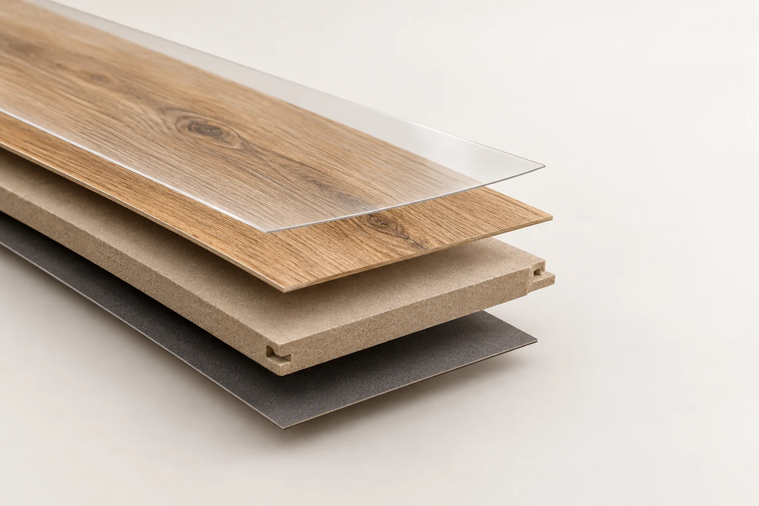Illustrative exploded view of a layered laminate plank