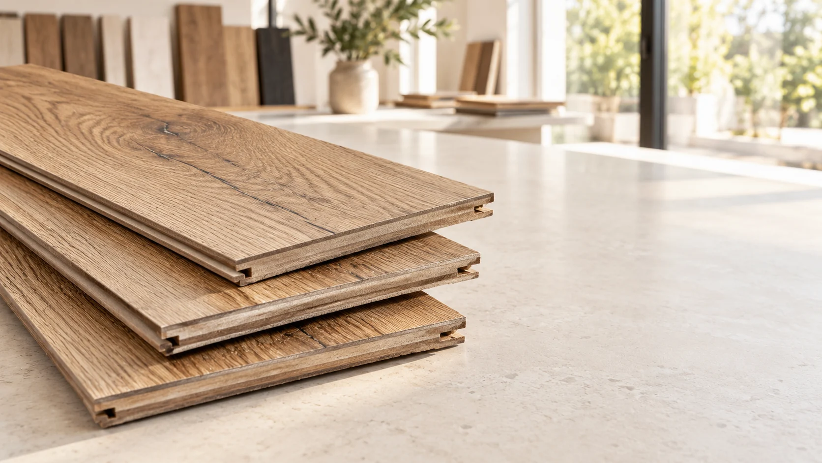 Illustrative oak-look laminate flooring sample planks