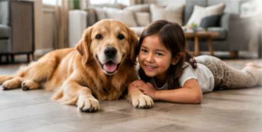 Child and dog relaxing together on a wood-look luxury vinyl floor