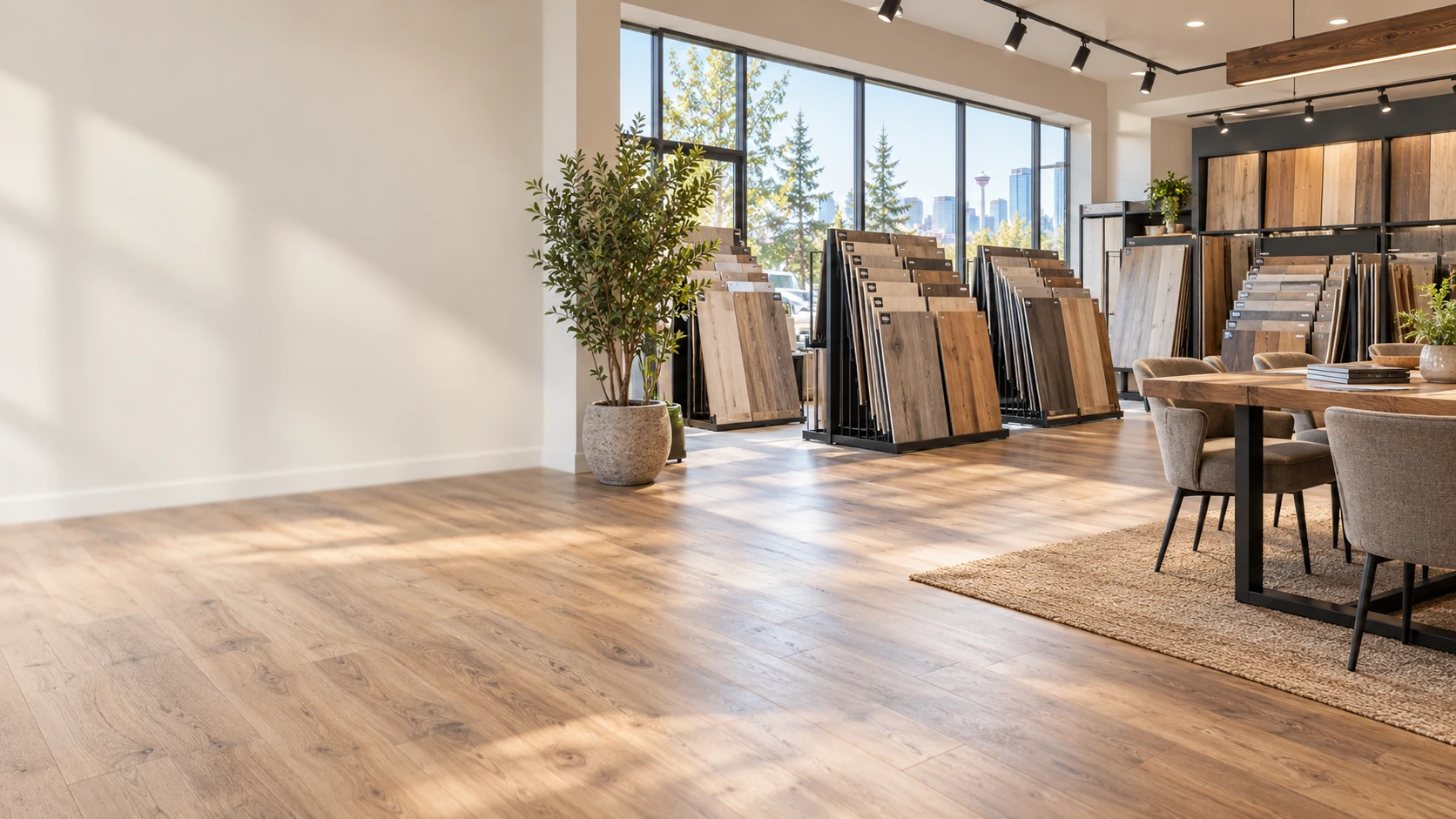 Illustrative flooring showroom with luxury vinyl plank sample displays