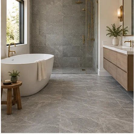 Illustrative bathrooms with stone-look flooring