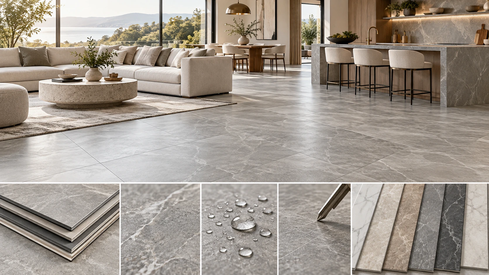 Illustrative stone-look luxury vinyl tile room and material details
