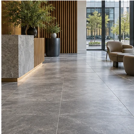 Illustrative commercial interiors with stone-look flooring