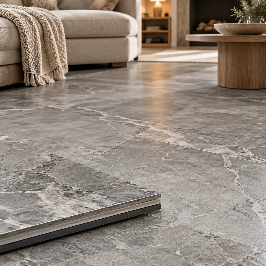Illustrative grey stone-look luxury vinyl tile