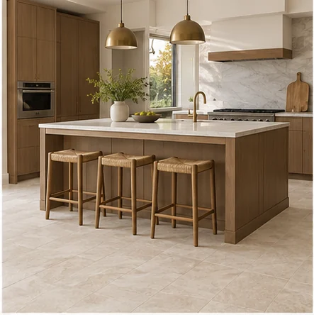 Illustrative kitchens with stone-look flooring