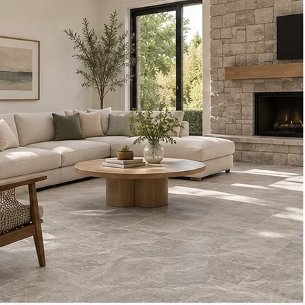 Illustrative living rooms with stone-look flooring