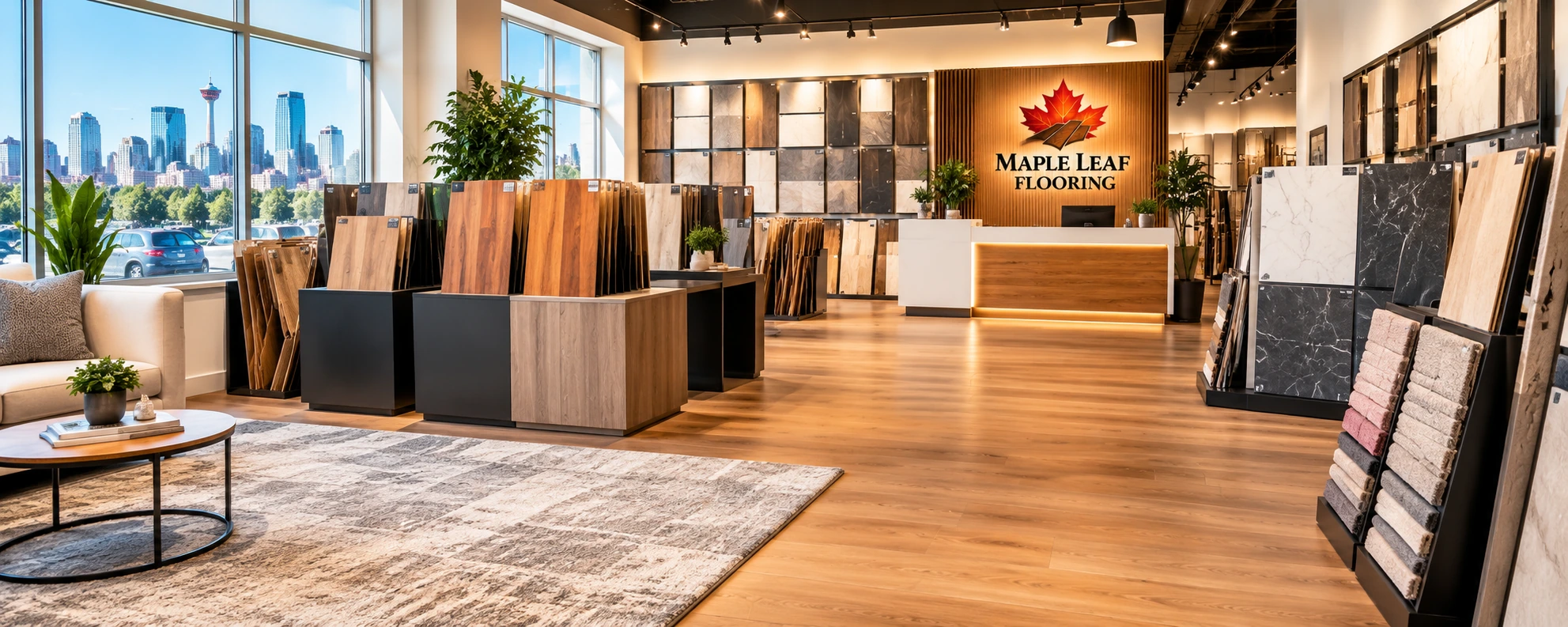 Maple Leaf Flooring showroom with flooring displays and Calgary skyline