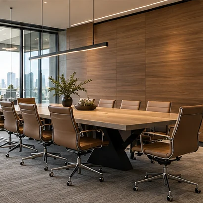 Illustrative boardroom with a timber feature wall