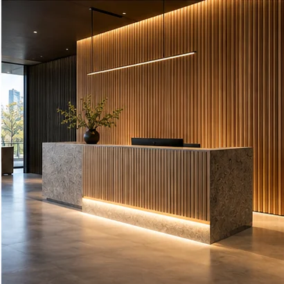 Illustrative reception area with vertical wood panels