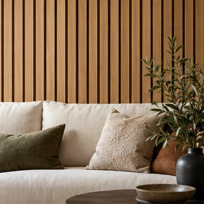 Illustrative Living room with a warm oak slat feature wall