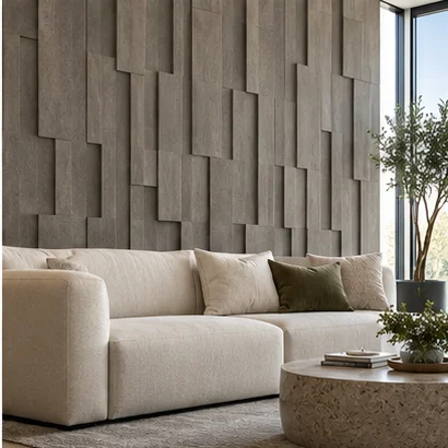 Illustrative Living room with a dimensional grey textured wall