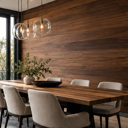 Illustrative Dining area with a horizontal wood-look wall