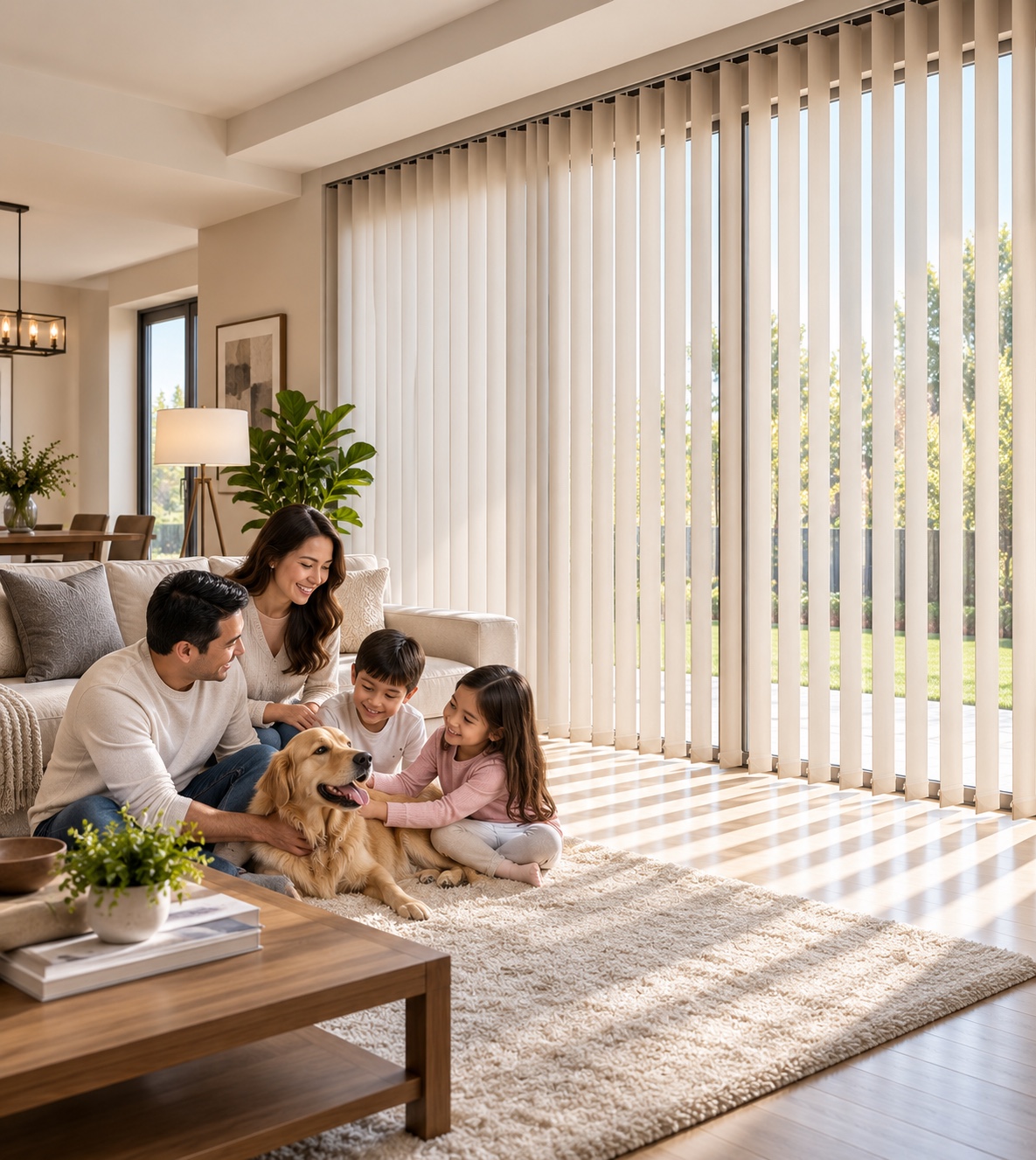 Family living room with vertical window coverings